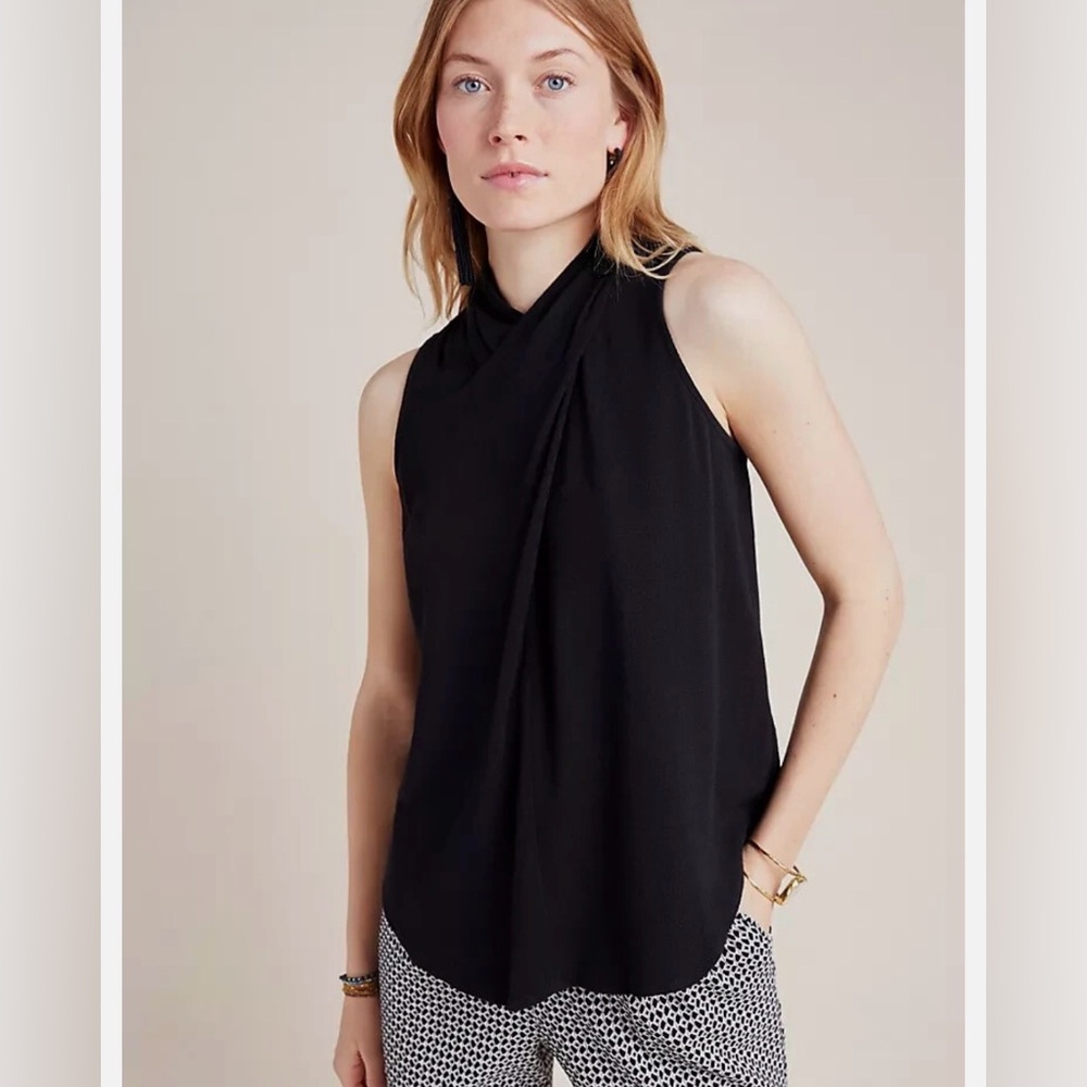 ANTHRO X MAEVE 2 Raven Surplice Sleeveless high neck blouse,  button down back